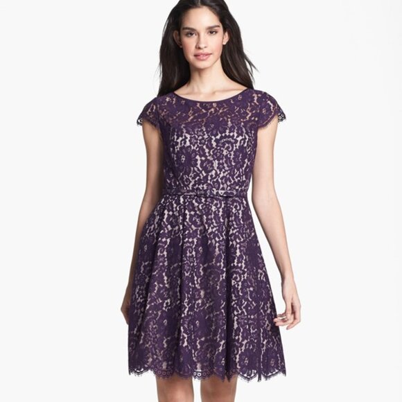 Lace Fit & Flare Dress - Plum - Excellent Condition - Size 6P (with pockets!) - Picture 3 of 6
